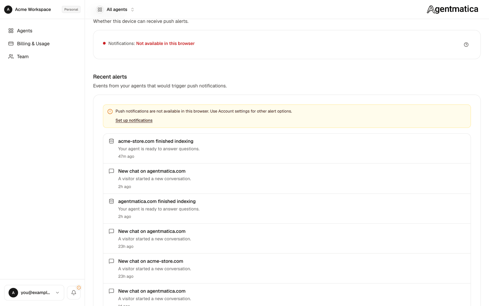 Account settings page showing device notification status and the Recent alerts feed