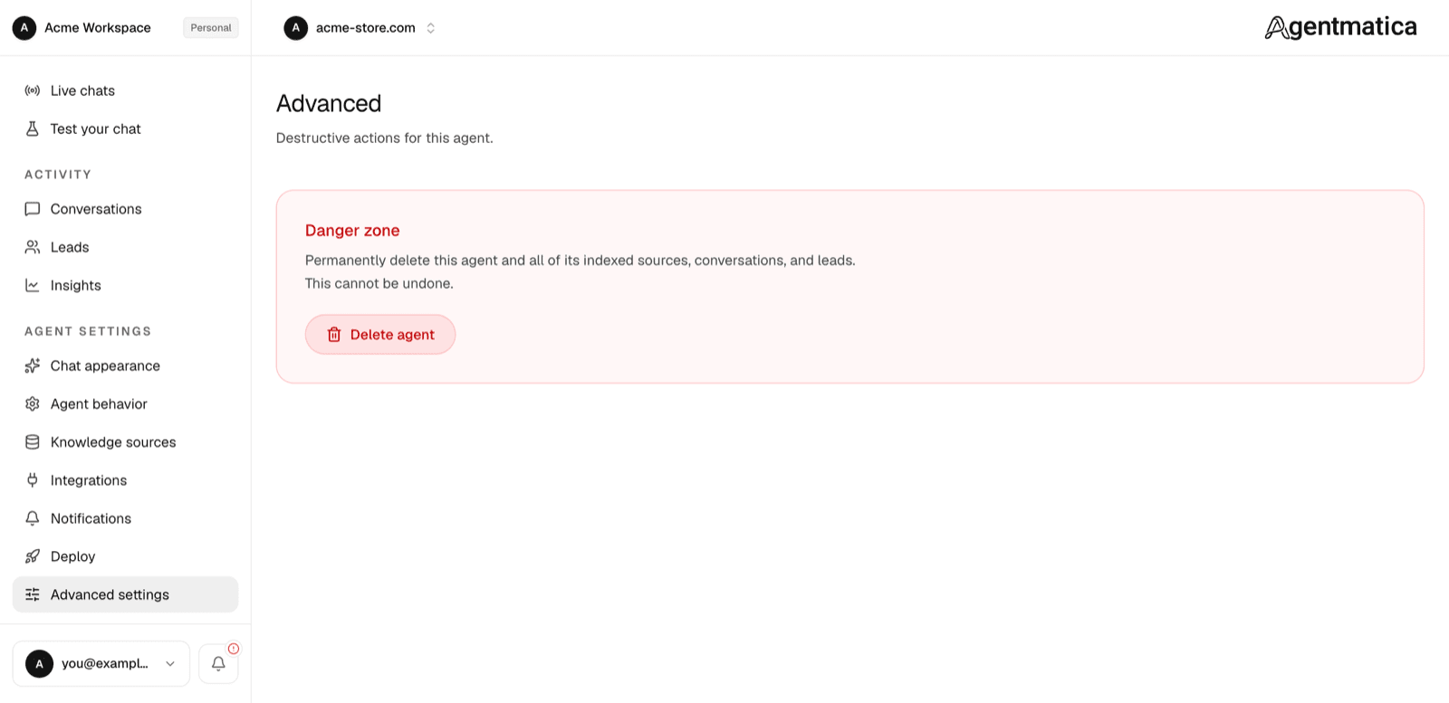 Advanced settings page with the danger zone for deleting the agent