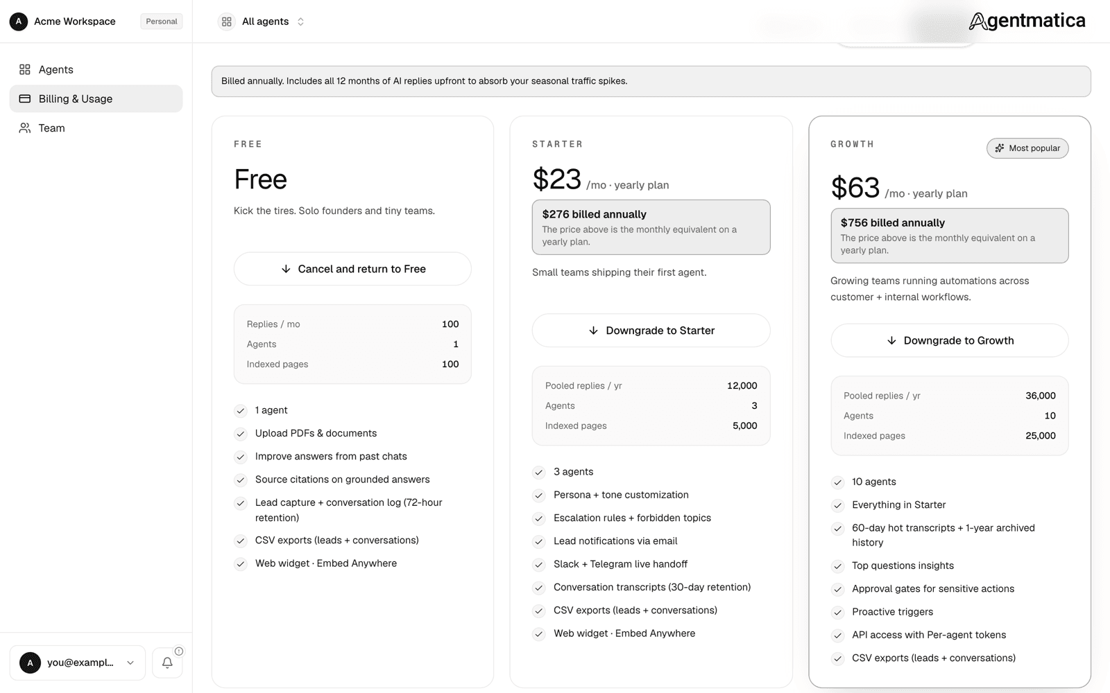 Plan cards with Downgrade and Cancel buttons and the monthly/yearly billing cycle switch