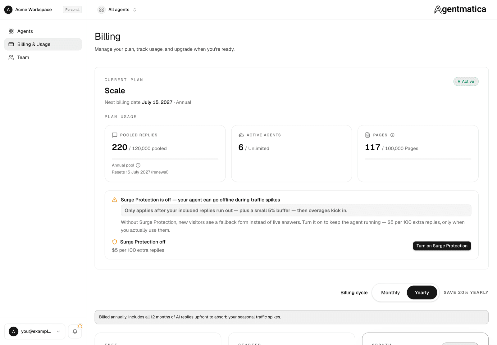 Billing page with the current plan, usage cards, and the Surge Protection panel