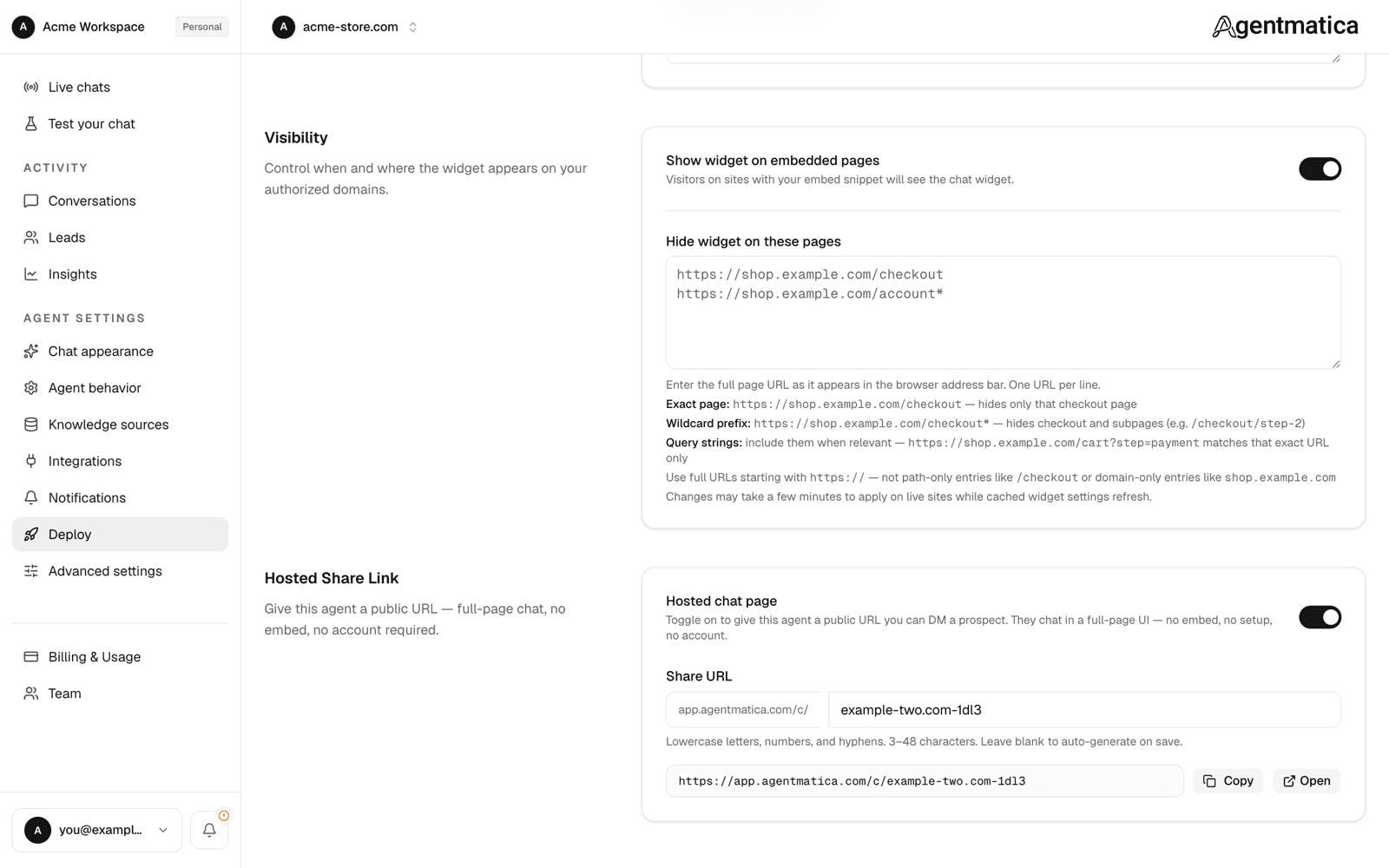 Visibility card with the master switch and excluded URLs, and the Hosted Share Link card