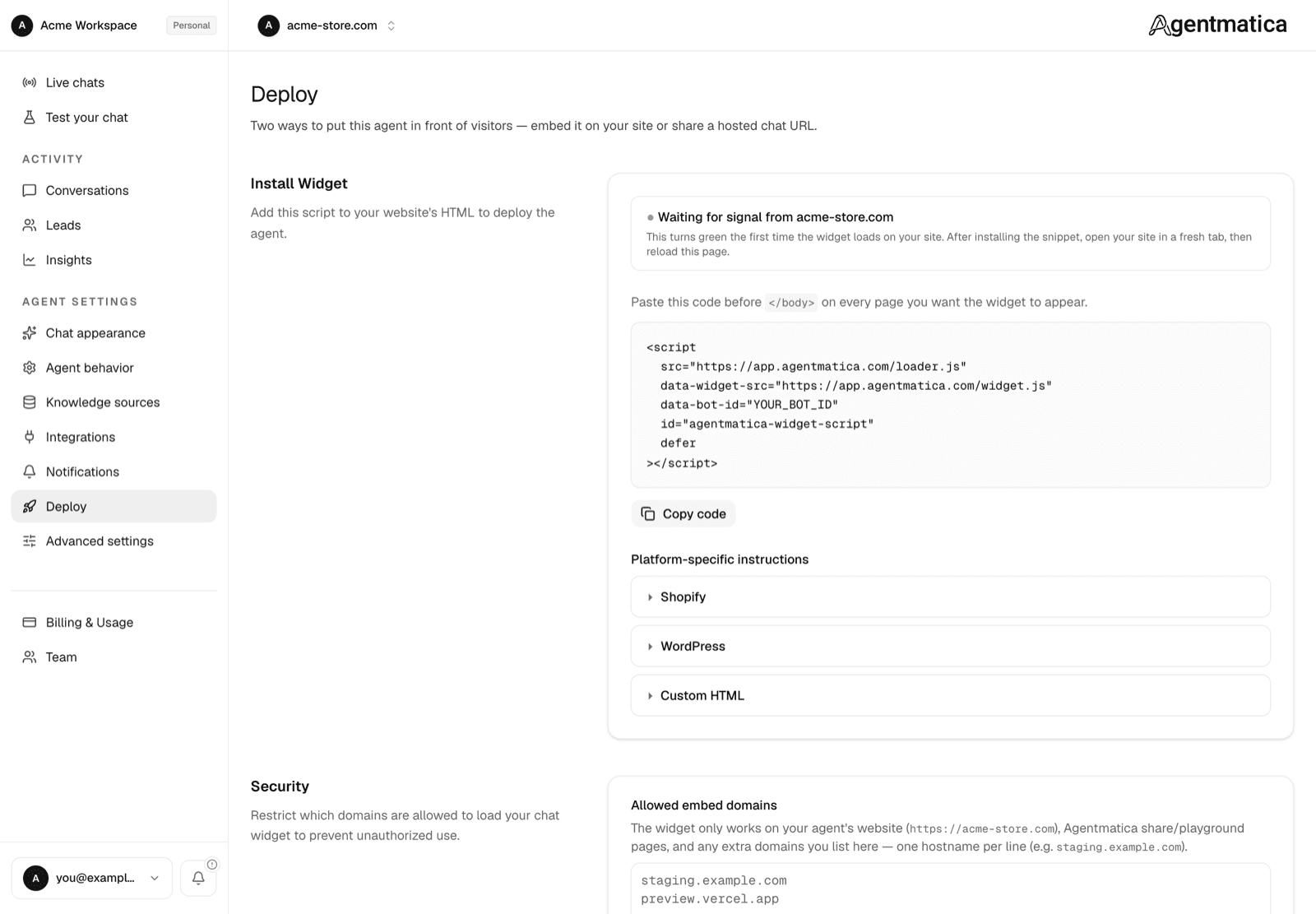 Deploy page with the Install Widget snippet, Copy code button, and platform-specific instructions