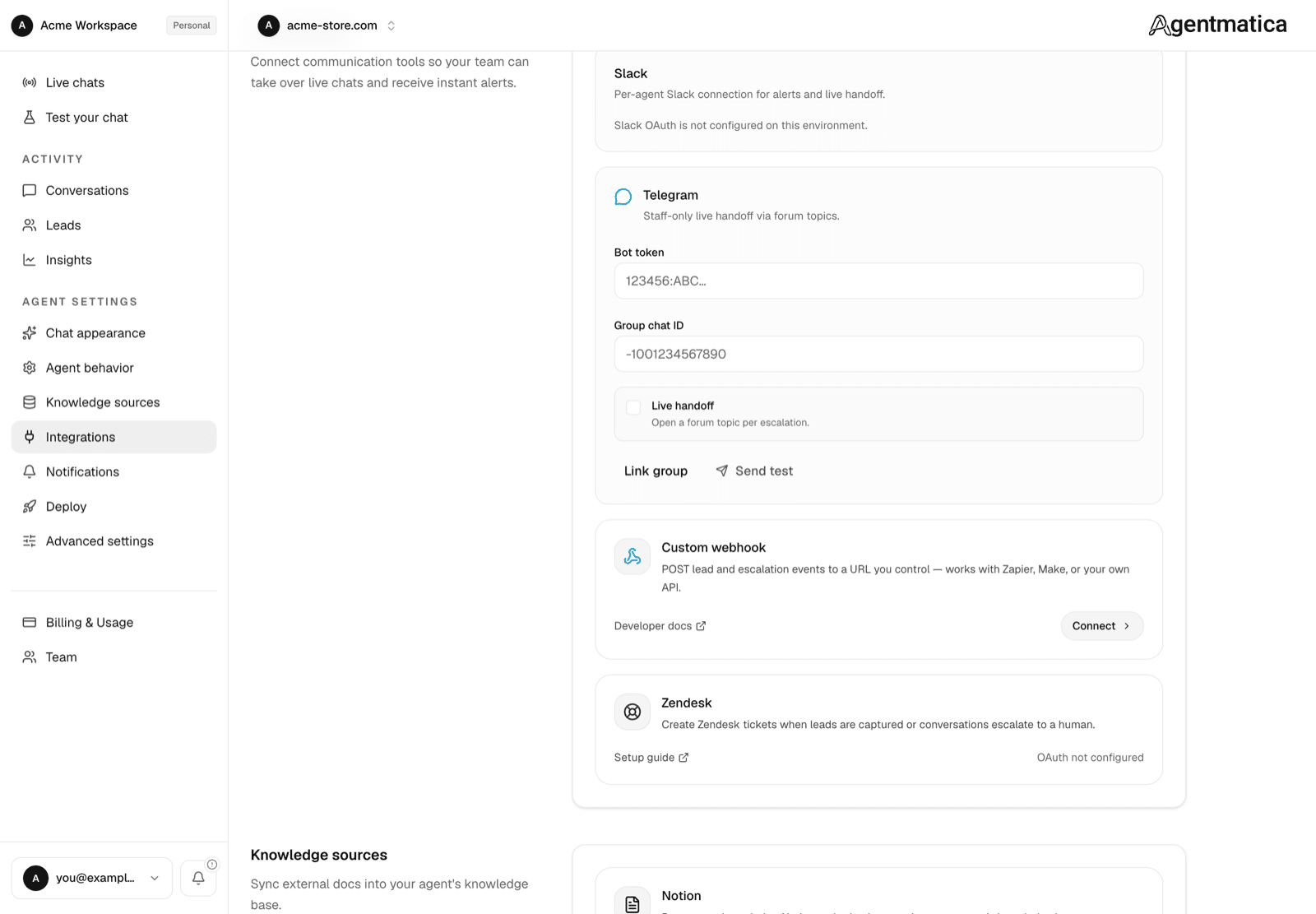 Integrations page Team Handoff section with Slack, Telegram, Custom webhook, and Zendesk cards