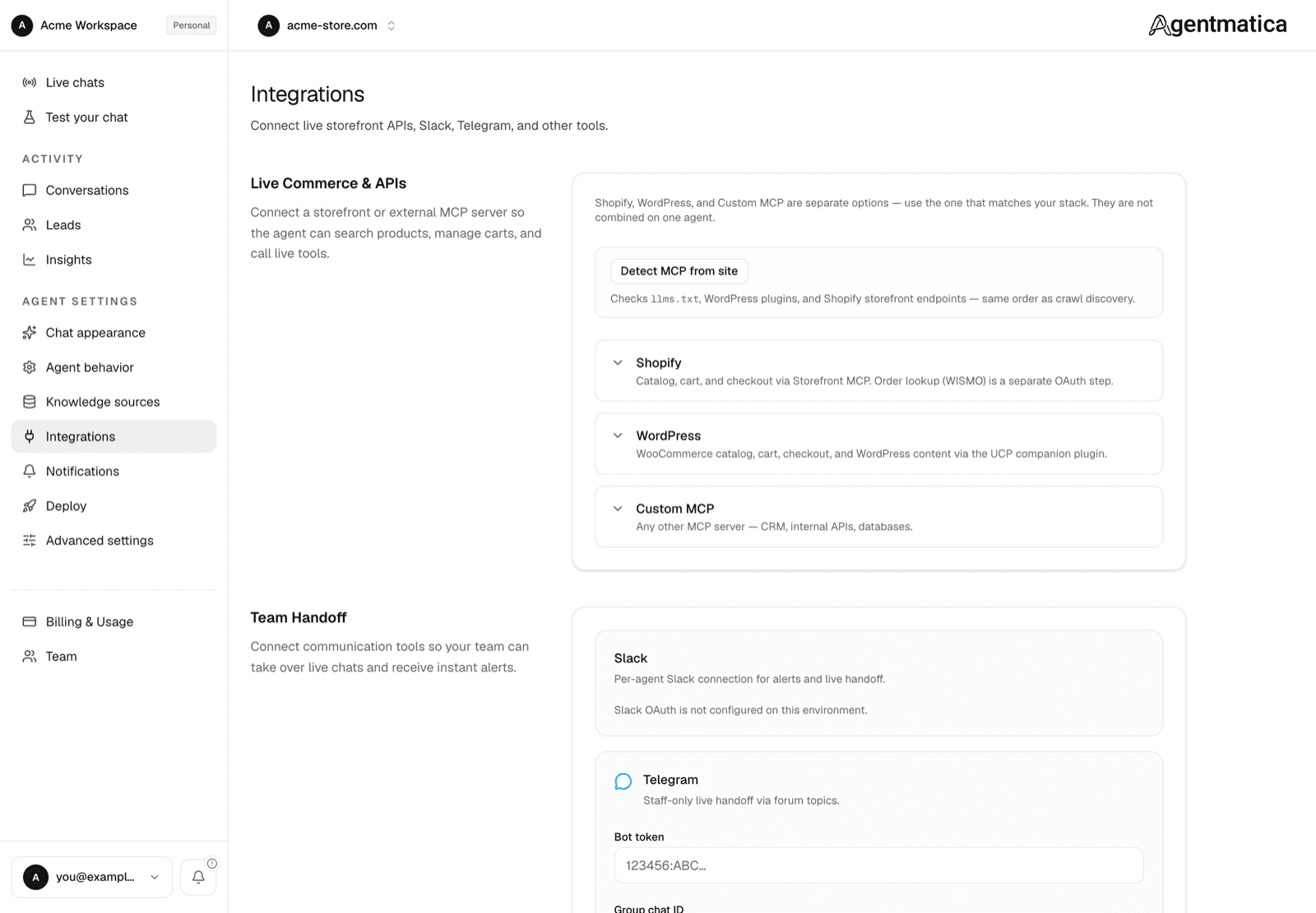 Integrations page with the Live Commerce & APIs section showing Detect MCP, Shopify, WordPress, and Custom MCP