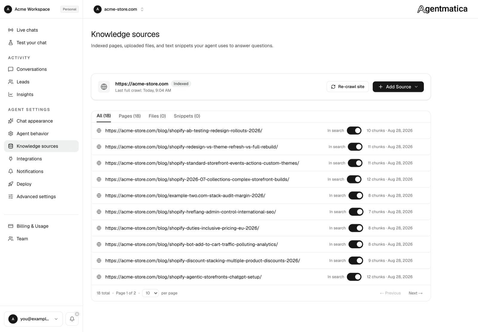 Knowledge sources page with the Re-crawl and Add Source bar and a ledger of indexed pages with In search toggles