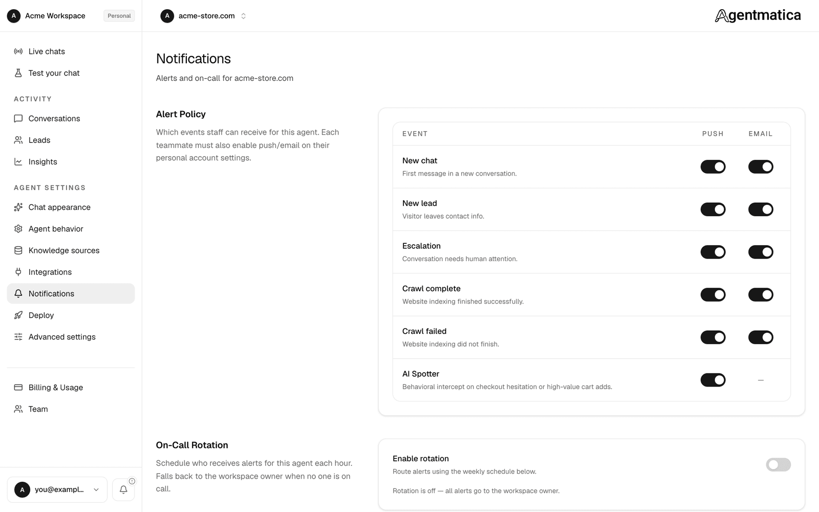 Notifications page with the Alert Policy matrix of events by push and email, and the On-Call Rotation card