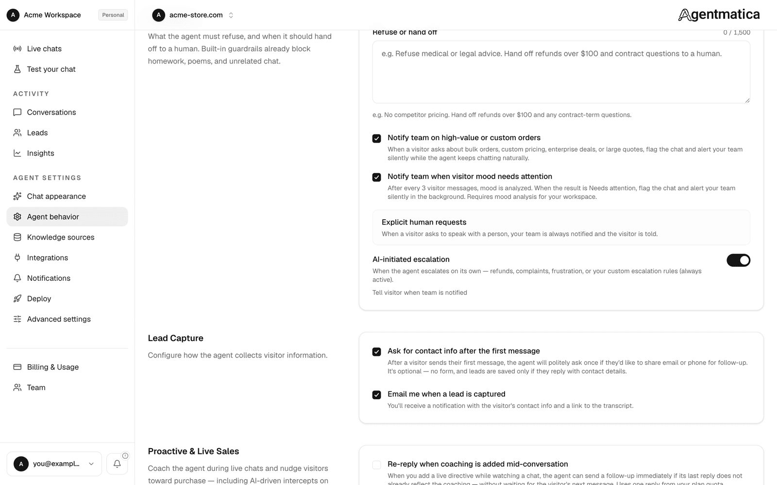 Boundaries section with the refuse-or-hand-off field and notification toggles
