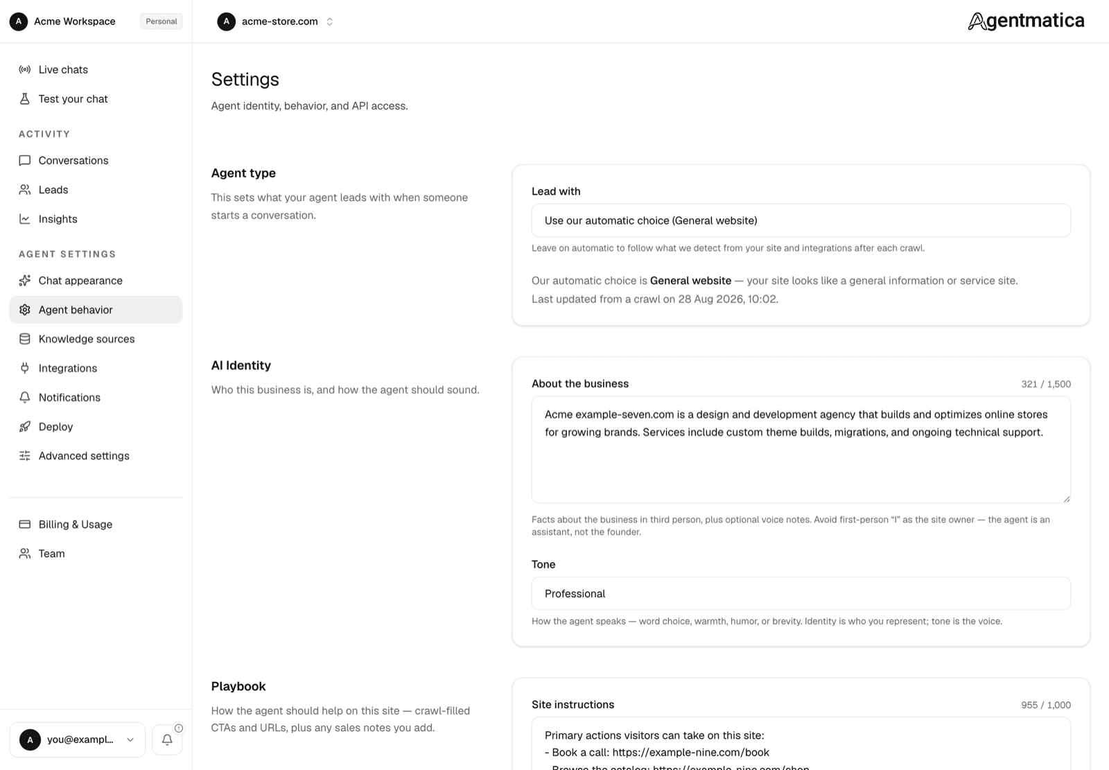 Agent settings page showing the Agent type and AI Identity sections