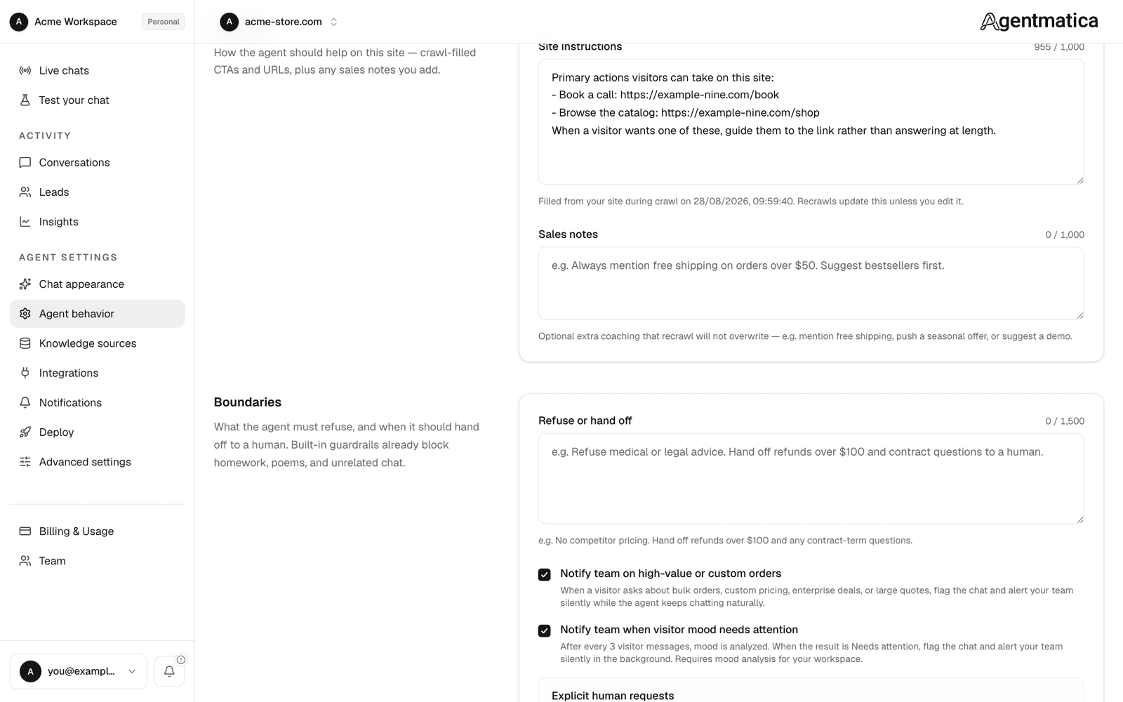 Playbook section with Site instructions and Sales notes, and the Boundaries section below