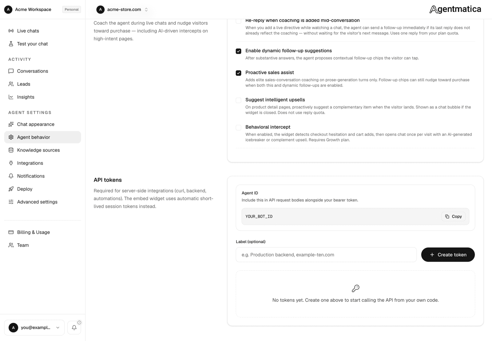 Proactive & Live Sales section with follow-up suggestions, sales assist, business directives, and the proactive trigger toggle