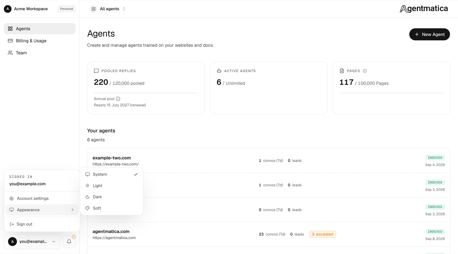 Account menu open with the Appearance submenu showing System, Light, Dark, and Soft themes