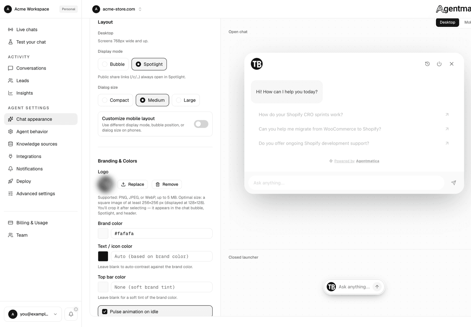 Widget appearance page with layout and branding settings on the left and a live preview on the right