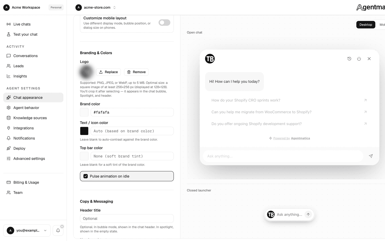 Layout section with the Customize mobile layout switch and separate mobile options