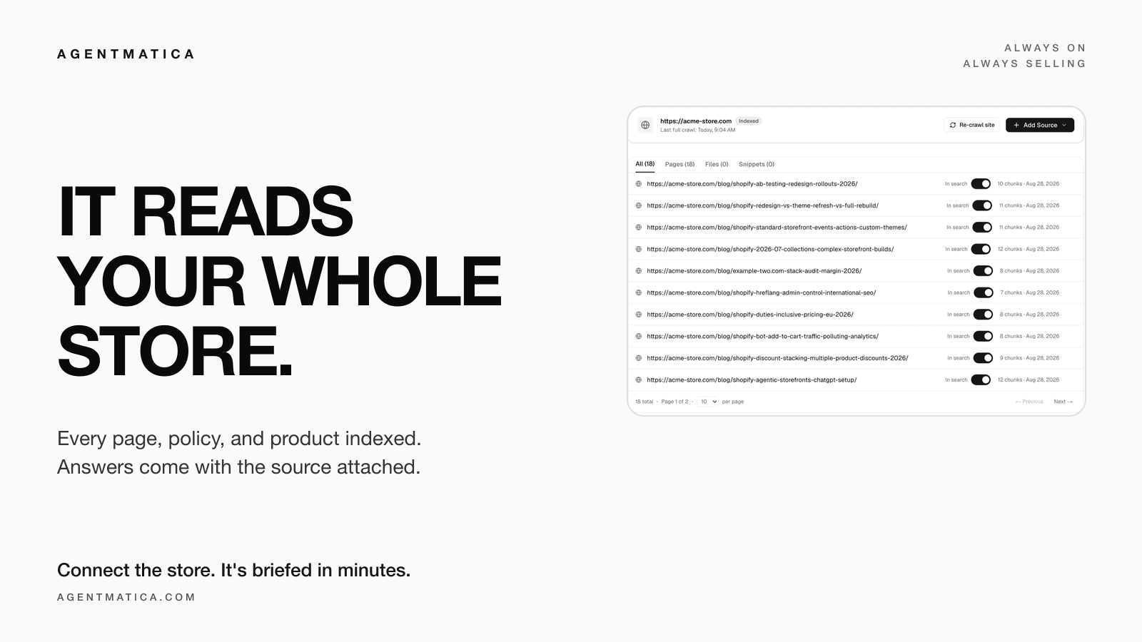 Agentmatica sources screen listing every indexed page of a store with an in-search toggle and last crawl date