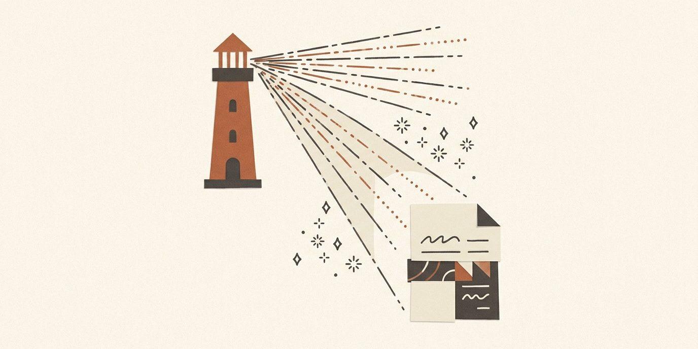 A lighthouse beam sweeping over AI sparks and a document