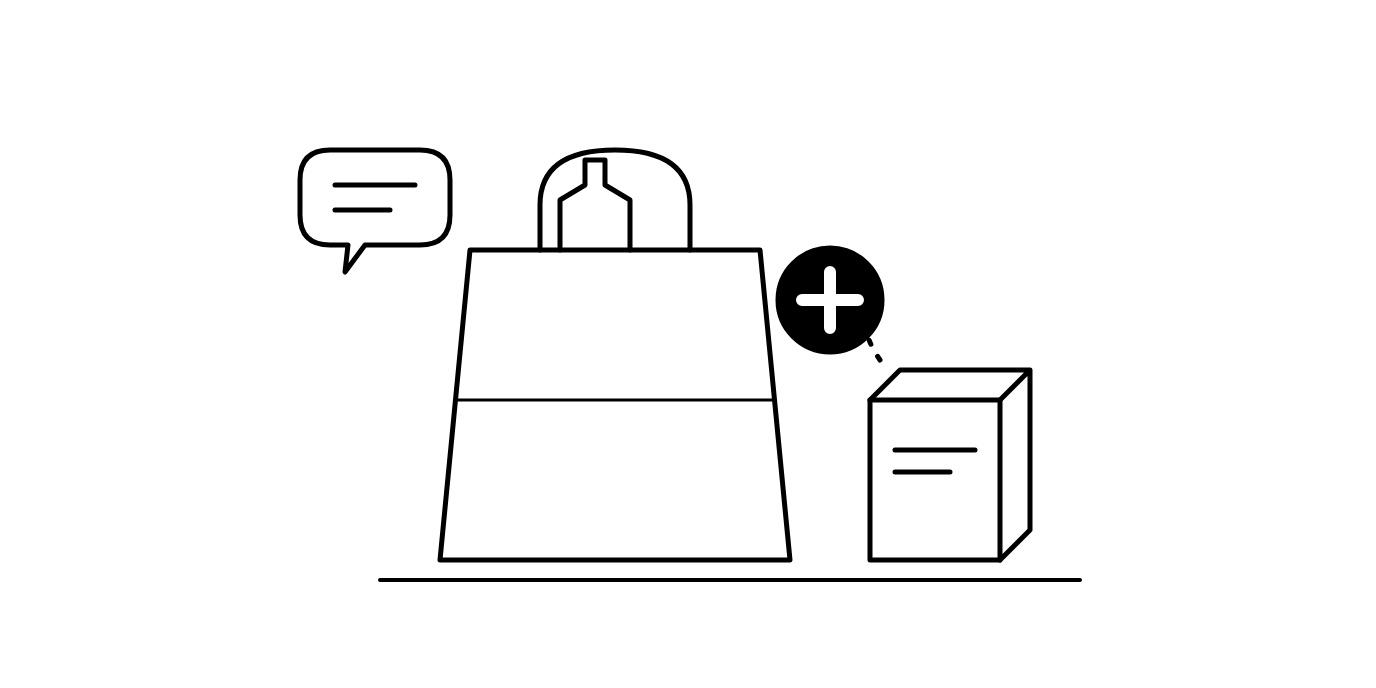 A shopping bag next to a small box, with a black plus sign between them and a speech bubble
