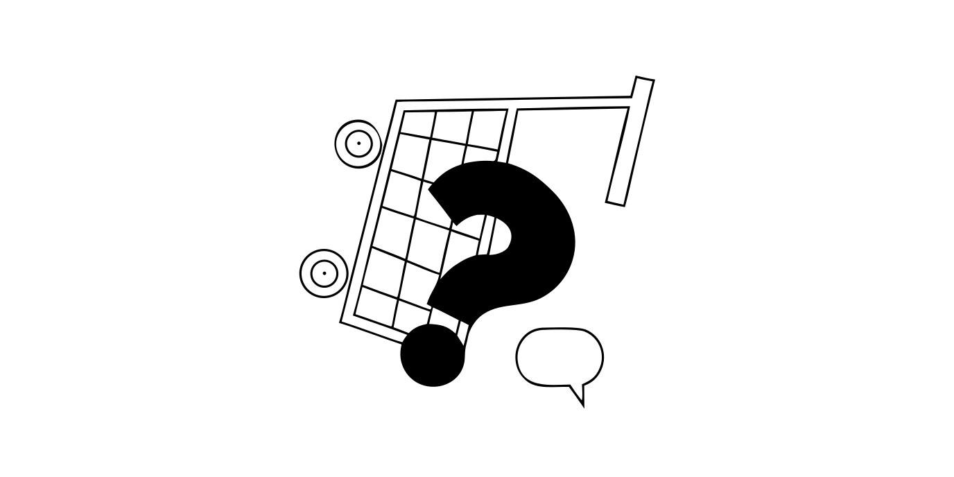 A tipped shopping cart with a question mark tumbling toward a speech bubble