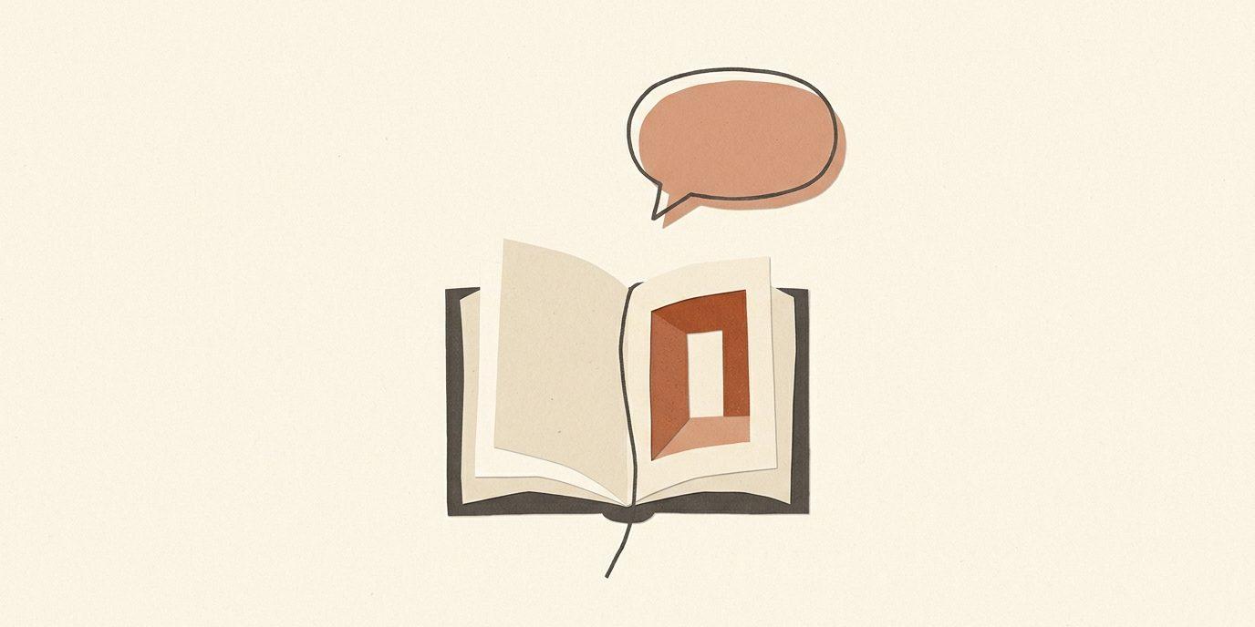 A speech bubble anchored by a thread to a highlighted book passage