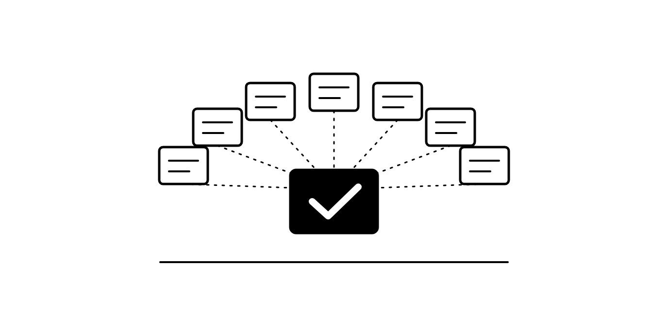 Seven outlined boxes in an arc, each linked by a dotted line to one solid black box with a white tick