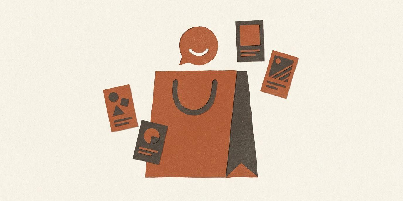 A shopping bag with a chat-bubble handle surrounded by product cards