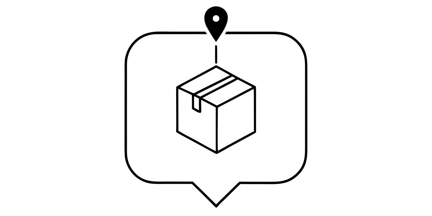 A shipping box with a location pin inside a speech bubble