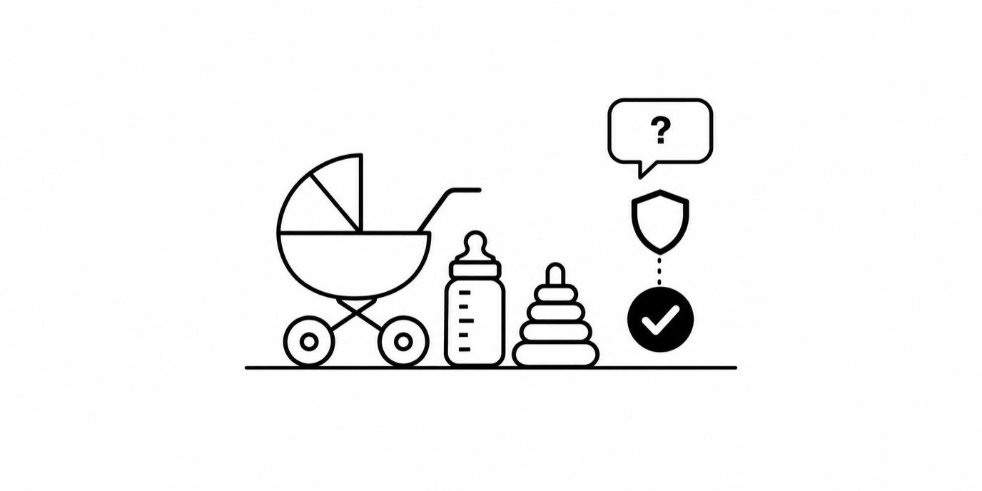 Line drawing of a stroller, a baby bottle and a stacking toy, with a chat bubble and a checked shield