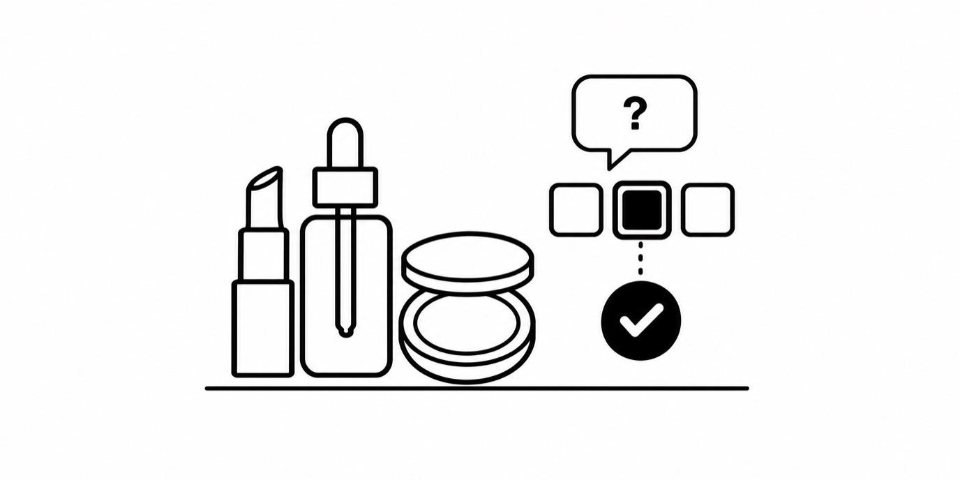 Line drawing of a lipstick, a serum dropper bottle and a compact, with a chat bubble and the middle of three shade swatches selected