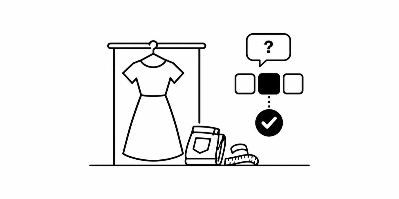Line drawing of a dress on a hanger and folded jeans, with a chat bubble and the middle of three size tags selected