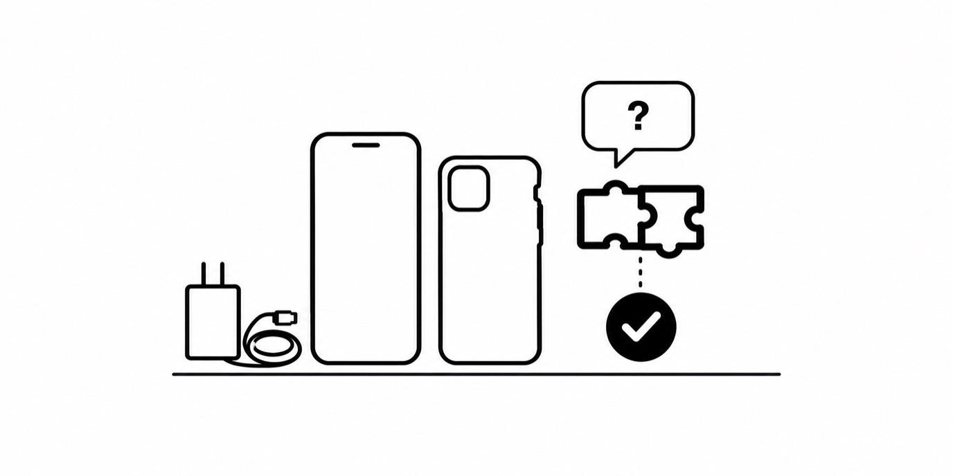 Line drawing of a smartphone, a case and a charger, with a chat bubble and two puzzle pieces fitting together