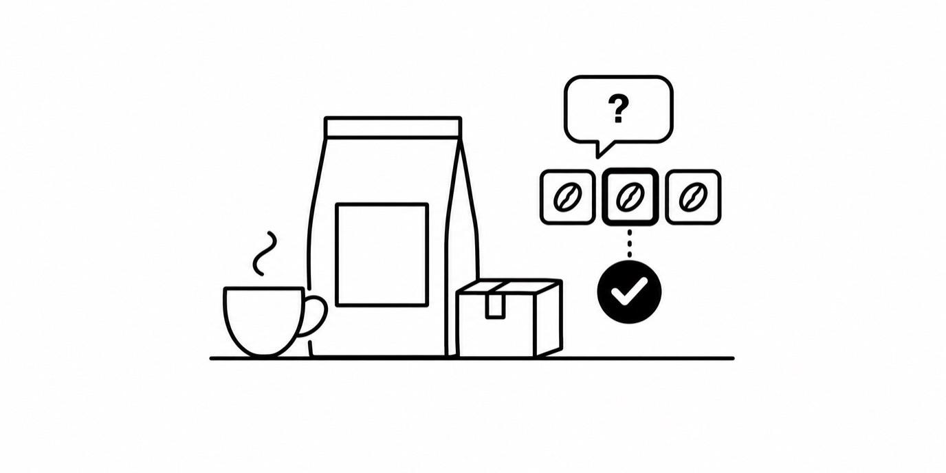 Line drawing of a coffee bag, a cup and a delivery box, with a chat bubble and the middle of three coffee beans selected