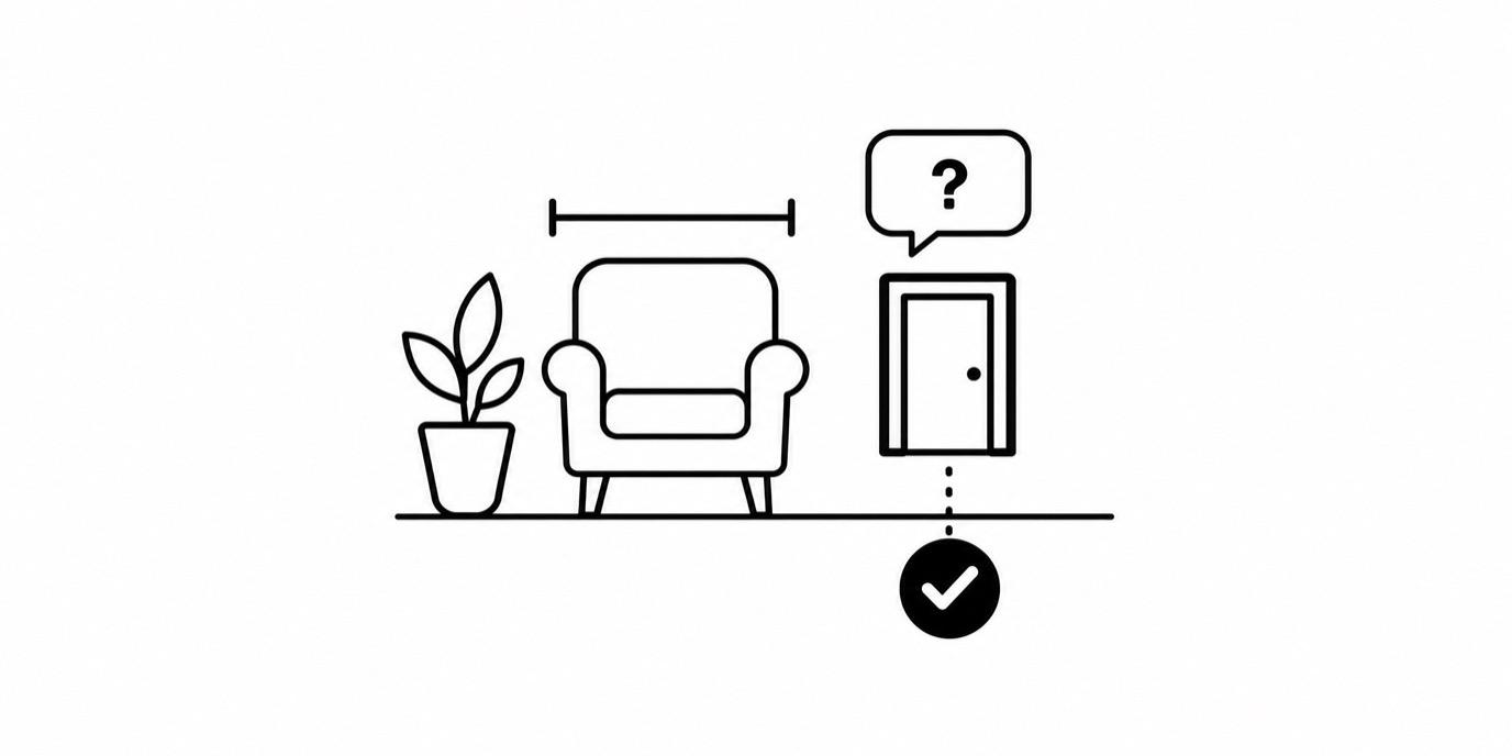 Line drawing of an armchair with a width measurement and a potted plant, with a chat bubble and a checked doorway