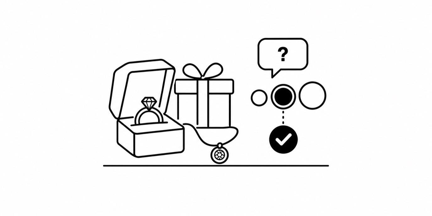 Line drawing of an open ring box, a necklace and a gift box, with a chat bubble and the middle of three ring sizes selected