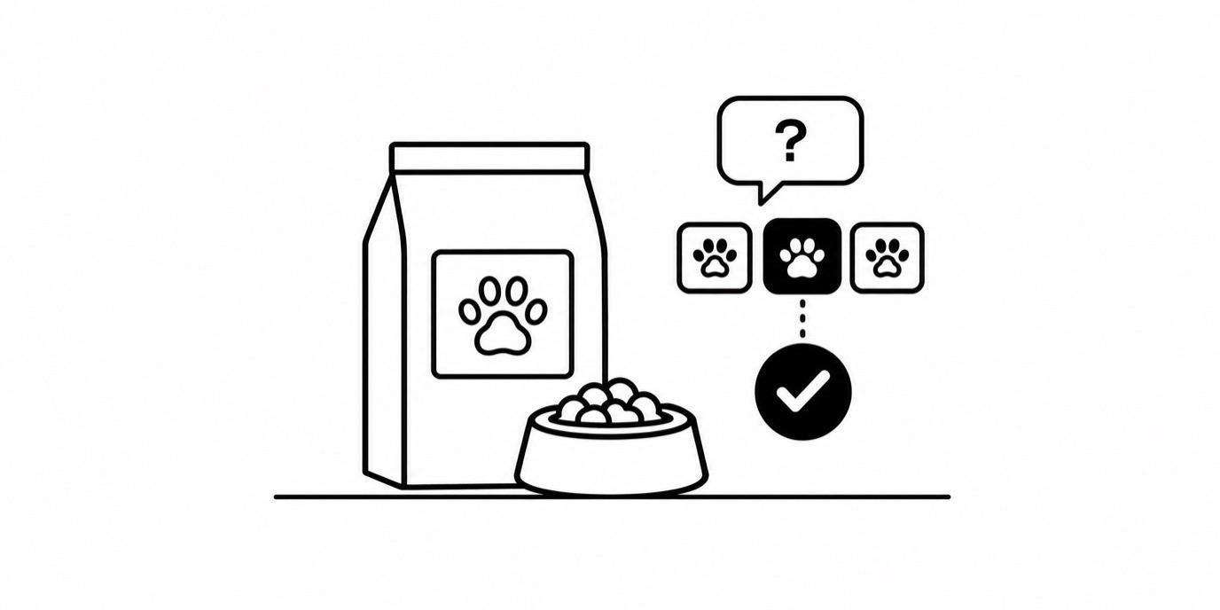 Line drawing of a pet food bag and a bowl of kibble, with a chat bubble and the middle of three paw tiles selected