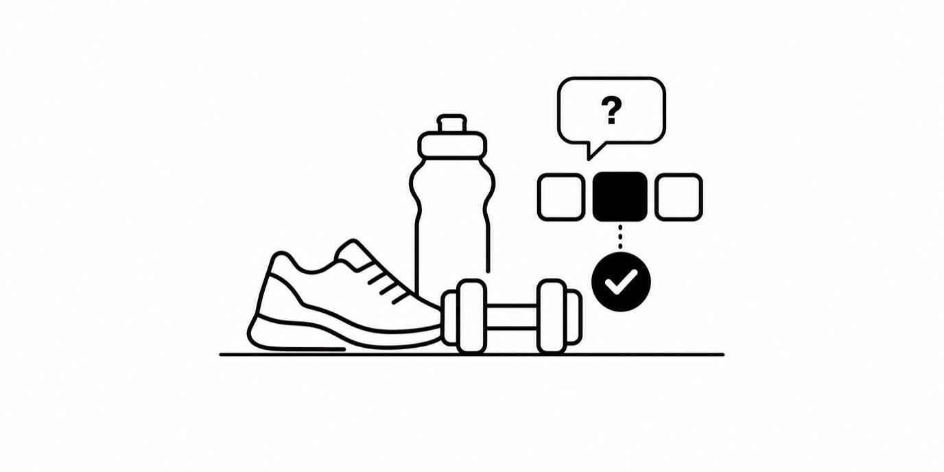 Line drawing of a running shoe, a dumbbell and a water bottle, with a chat bubble and the middle of three tags selected