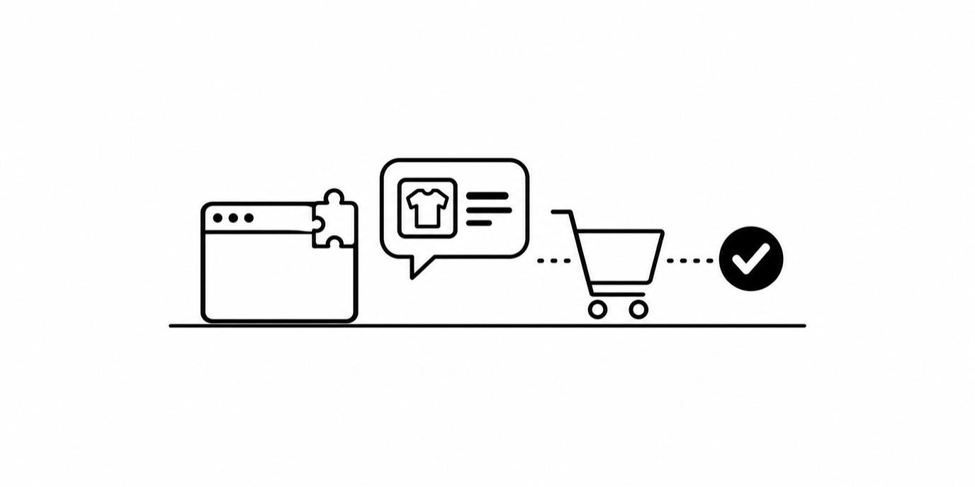 Line drawing of a browser window with a plugin piece, a chat bubble with a product card, and a checked shopping cart