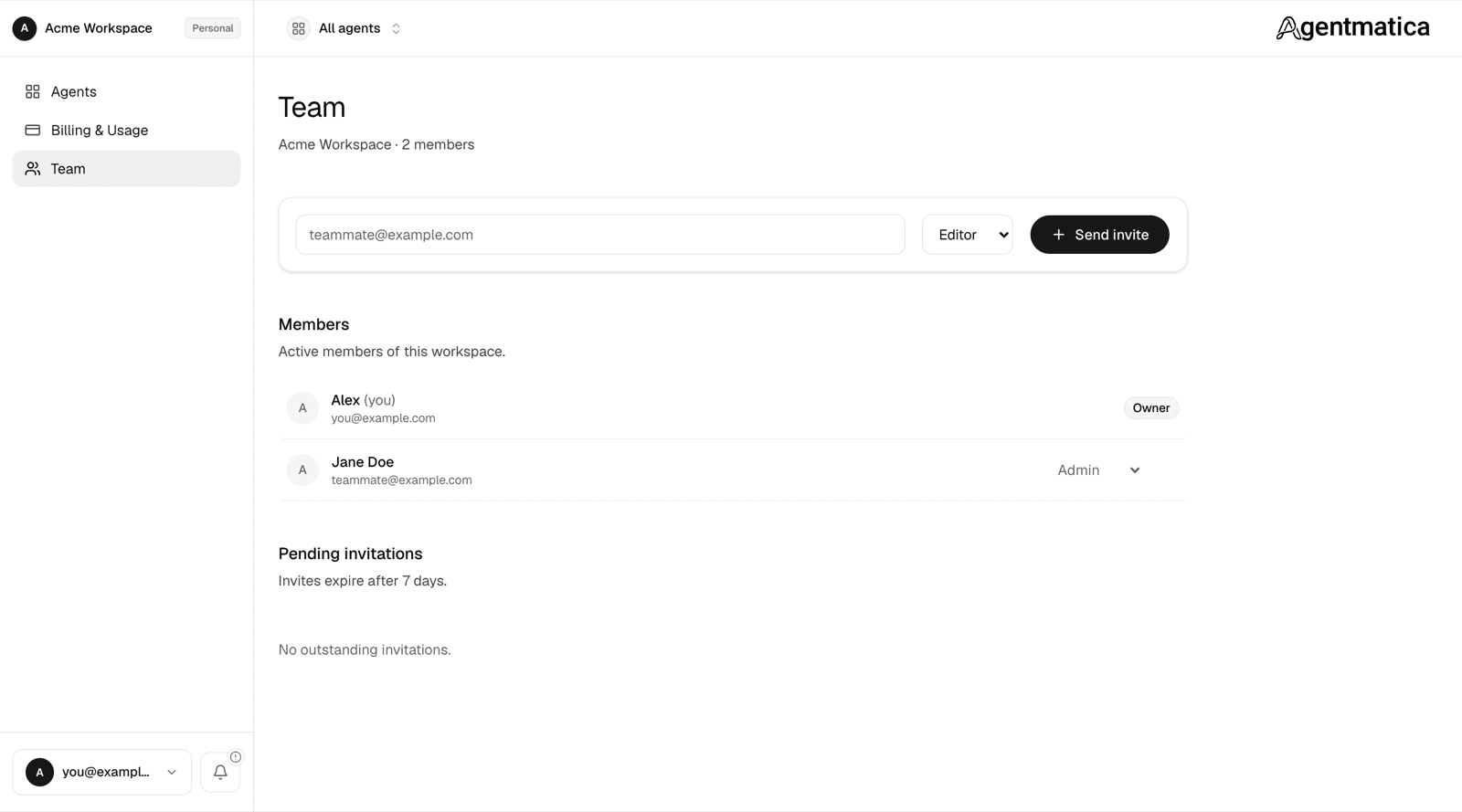 Team page with the invite form, members list with roles, and pending invitations
