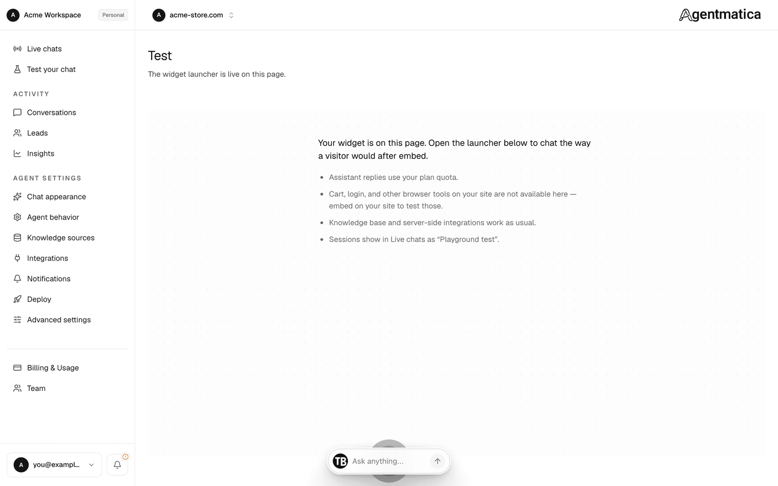 Test your chat page with the live widget launcher