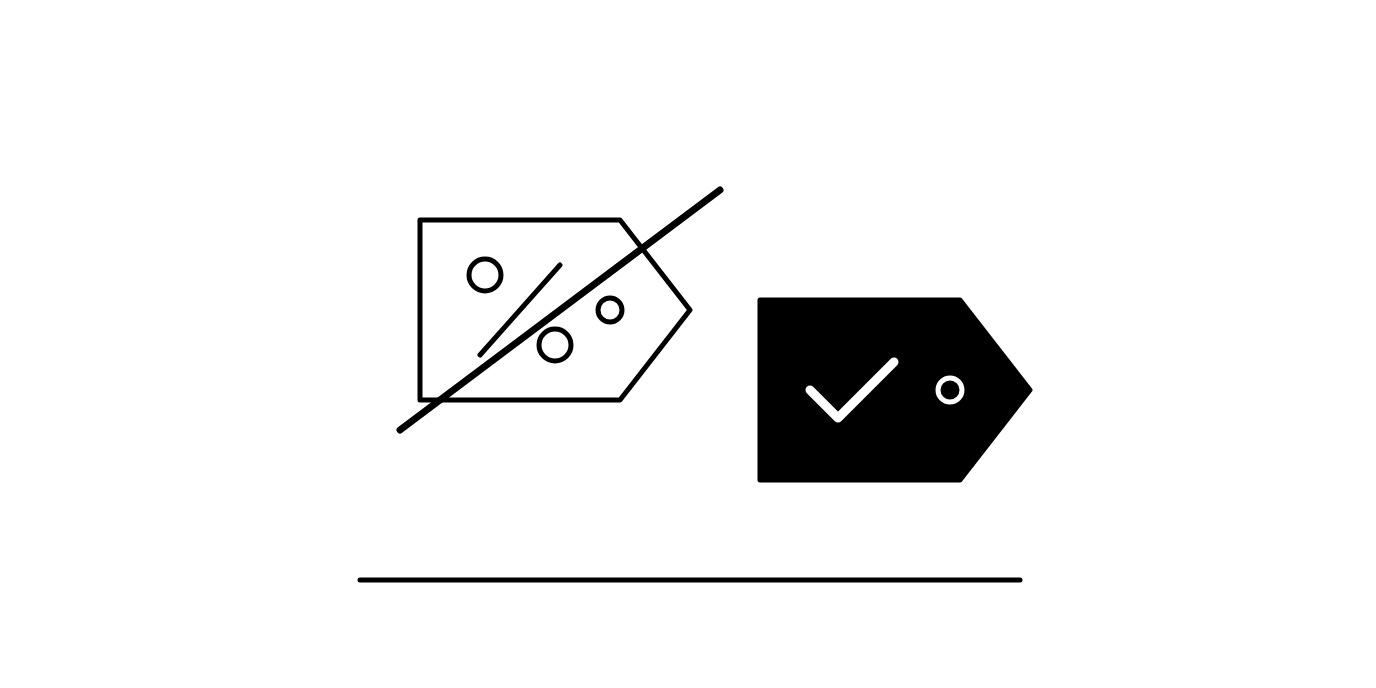 A price tag with a percent sign crossed out next to a dark price tag with a tick