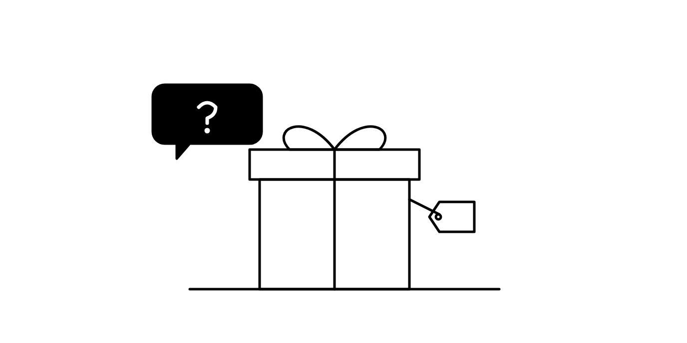 A wrapped gift box with a bow and a tag, next to a dark speech bubble with a question mark