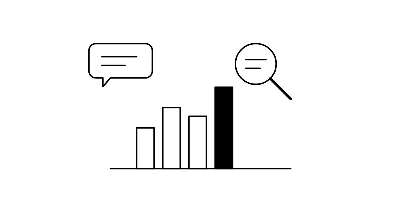 A bar chart with one dark bar, a magnifying glass and a speech bubble