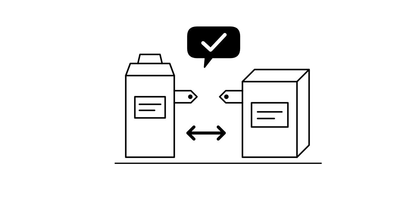 Two products side by side with a double arrow between them and a speech bubble holding a tick