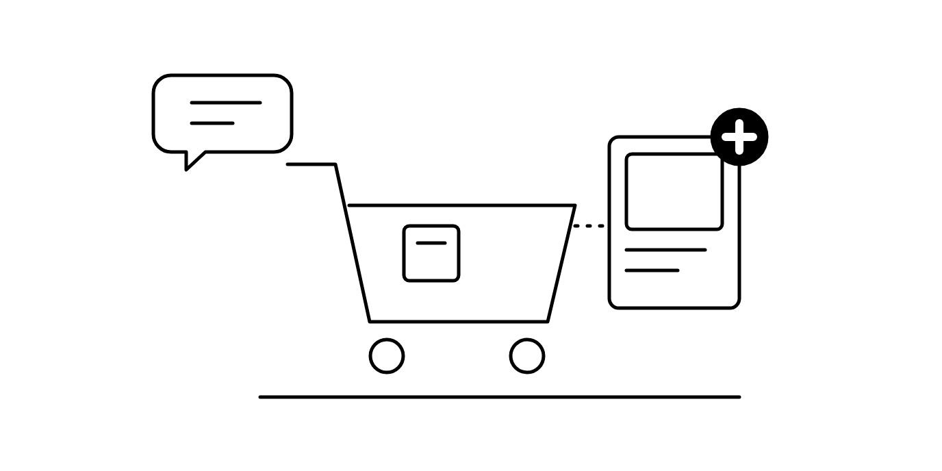 A speech bubble beside a shopping cart holding one product, linked by a dotted line to a product card with a black plus sign