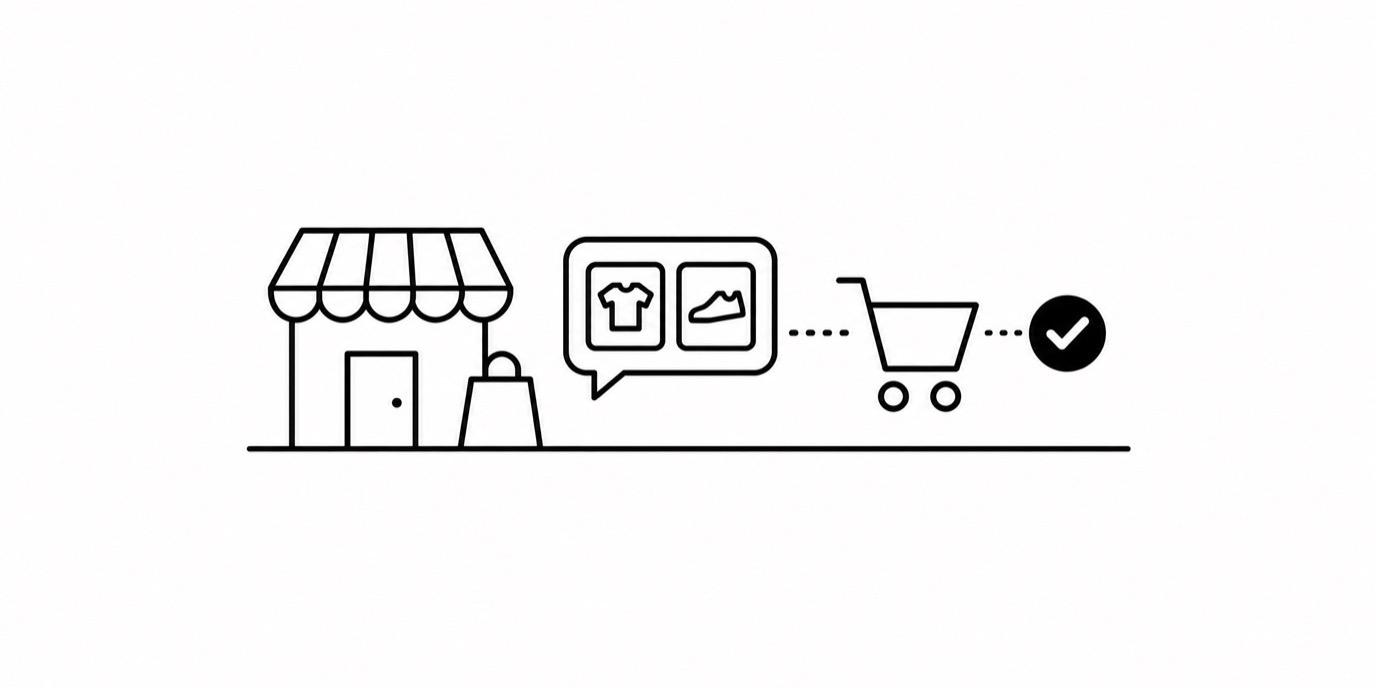 Line drawing of a shop front and shopping bag, a chat bubble with two product cards, and a checked shopping cart